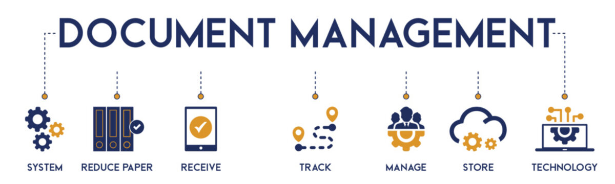 Banner Document Management Vector Illustration Concept With The Icon Of System, Reduce Paper, Receive, Track, Manage, Store And Technology.