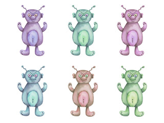 Watercolor illustration of hand painted alien humanoid, cartoon fantasy animal in blue, green, purple colors. Martian person from another planet. Isolated clip art for children fabric, textile prints