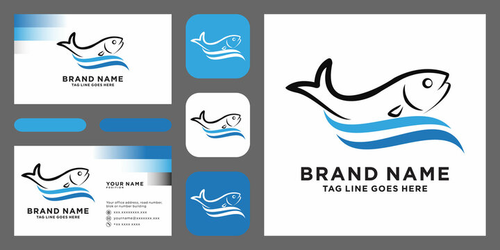 Fresh fish with water wave logo. fish logo with business card template