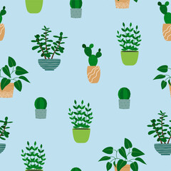 Seamless pattern of houseplants in flowerpots. Cartoon colorful plants on blue background