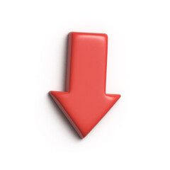 Red down arrow isolated on white background with shadow. Fall and decline concept. 3D render illustration.