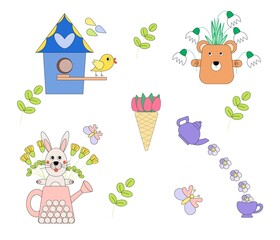 Spring set with cute animals and birds, butterflies, flowers, tableware elements, birdhouse and garden decorations - cute teddy bear with snowdrops. Vector illustrations, flat and cartoon.