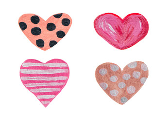 Set of hand drawn hearts. llustration. Acrylic paint elements,isolated on white. Wrappers, wallpapers, postcards, greeting cards, wedding invitations, romantic events. Modern trendy colors.
