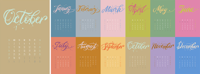 Calendar 2023, handwritten month with paint drops, week start sunday, corporate design planner template.