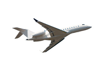 Fototapeta na wymiar White luxury private jet flies isolated on white background