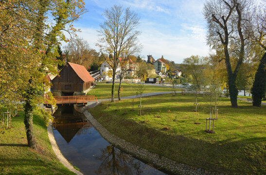 Bad Kosen Germany historical mill well and river Saale panorama view