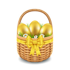 Wicker basket with golden eggs, grass and yellow bow on white background, spring holiday Easter.