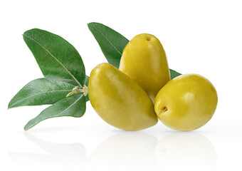 Green olives with green leaves isolated on white background with clipping path.