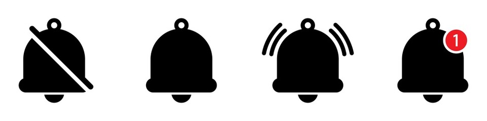 Notification bell set icon. Alarm symbol. Incoming inbox message. Ringing bells. Alarm clock and smartphone application alert, Vector illustration
