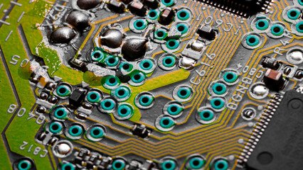 Macro Close up of printed wiring on PC circuit board.