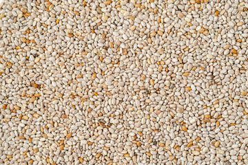 Food background. White chia seed texture, directly above