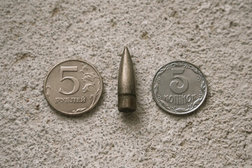 The currency of the two countries of Russia and Ukraine separated by a bullet. The concept of...