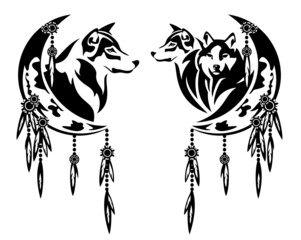 wild wolf pack and crescent moon - tribal style feathered dream catcher with animal head outline black and white vector design set