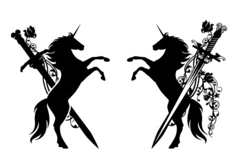 fairy tale unicorn horse and knight sword with rose flower - fantasy medieval hero black and white vector heraldry © Cattallina