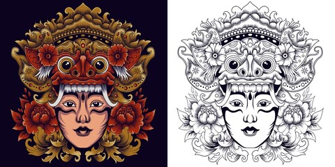 barong mask with balinese girl vector illustration