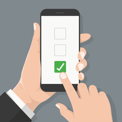 Flat design style human hand holding smartphone with Voting symbol on the screen.vector design element illustration.
