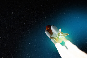 Spaceship lift off. Space shuttle with smoke and blast takes off into the starry sky. Rocket starts...