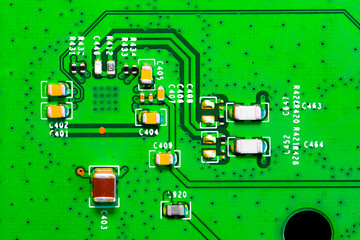 Close up of components and microchips on PC circuit board.