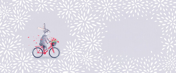 Rabbit on a bike, easter illustration. Banner with decorative elements.