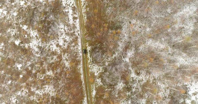 Fast Riding Quad Bikes through the Snowy Forest. Mariel. Aerial View. Quadrotor Filming
