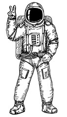 Astronaut hand drawing sketch vector illustration. Shows a hand symbol V. Space Technology Icon Concept isolated premium vector. flat cartoon style