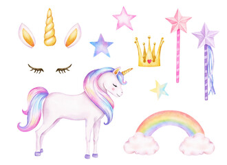 Unicorn Watercolor illustration with boho flowers in pink, white and pastel colors for baby and girls