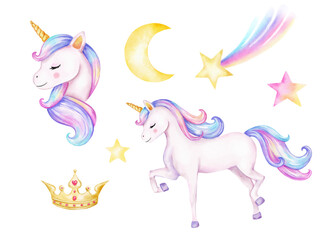 Unicorn Watercolor illustration with boho flowers in pink, white and pastel colors for baby and girls © Мария