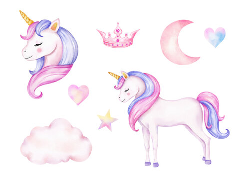 Unicorn Watercolor illustration with boho flowers in pink, white and pastel colors for baby and girls