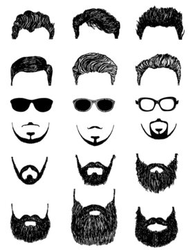 Set of silhouettes of men s beards, hairstyles and glasses. Hand drawn hipster style and fashion vector illustration set. Vector illustration