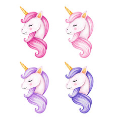 Cute watercolor unicorn clipart isolated on white background. Beautiful watercolor unicorns illustration. Magic trendy cartoon horse perfect for nursery print and poster design. Princess unicorn.