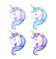 Cute watercolor unicorn clipart isolated on white background. Beautiful watercolor unicorns illustration. Magic trendy cartoon horse perfect for nursery print and poster design. Princess unicorn.