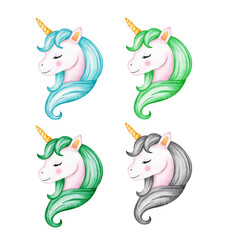 Cute watercolor unicorn clipart isolated on white background. Beautiful watercolor unicorns illustration. Magic trendy cartoon horse perfect for nursery print and poster design. Princess unicorn.