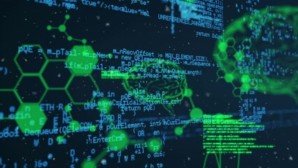 Animation of computer and scientific data processing on black background - Powered by Adobe