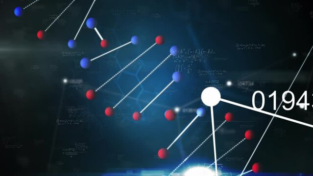 Animation of dna and scientific data processing on black background