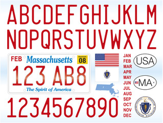 Massachusetts state license plate car pattern, numbers, letters and symbols, United States, vector illustration - obrazy, fototapety, plakaty