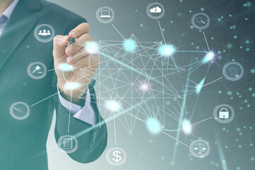 Hand touching modern interface digital transformation and metaverse concept. Connection next...