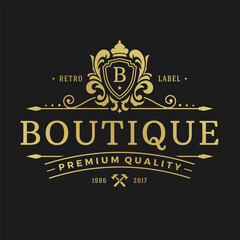 Luxury logo design template vector illustration. Victorian vignettes ornament shapes for logotype or badge design. Good for fashion boutique, alcohol or restaurant branding.