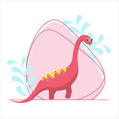 Pink dinosaur girl. Postcard, poster. Children's birthday, holiday packaging, print textiles