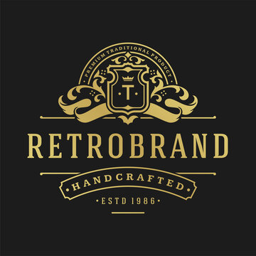 Luxury logo design template vector illustration. Victorian vignettes ornament shapes for logotype or badge design. Good for fashion boutique, alcohol or restaurant branding.