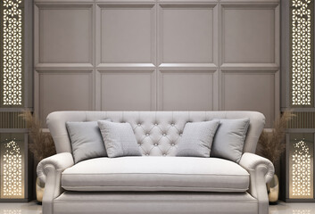 Interior design, 3d rendering of wall panel with classic moldings and wheat bouquet vase decor, classic sofa and two column with light, copy space backdrop for illustration mockup etc