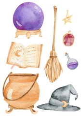 Halloween watercolor illustration. Hand drawn festive set isolated on white background. witch items Magic glass ball,  broom spell book pointy hat