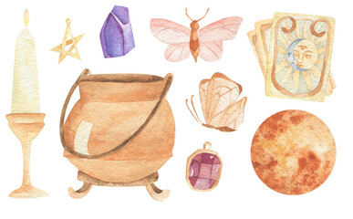 Watercolor set of hand-drawn magical occult elements. The Sorceress isolatet collection