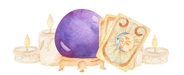 Halloween watercolor illustration. Hand drawn festive composition isolated on white background. Magic glass ball, candles