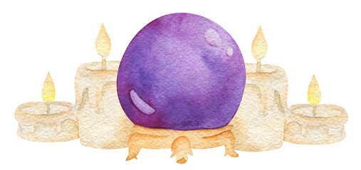 Halloween watercolor illustration. Hand drawn festive composition isolated on white background. Magic glass ball, candles