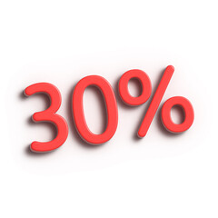 Red 30 percent symbol isolated on white background. Thirty percentage. Sale and discount concept. 3D render illustration.
