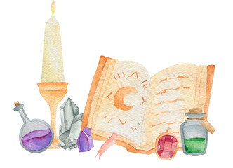 Halloween watercolor illustration. Hand drawn festive composition isolated on white background. Magic spell book, candles.potions