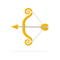 Golden bow and arrow. Cupid icon. Archer bow symbol. Bow and arrow simple carton style flat illustration. Part of set.