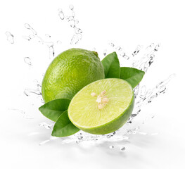 Fresh Lime fruit falling in the air with splash water isolated on white background, Lime citrus fruit on white background With clipping path.