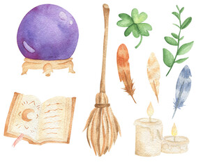 Watercolor set of hand-drawn magical occult elements. The Sorceress isolatet collection