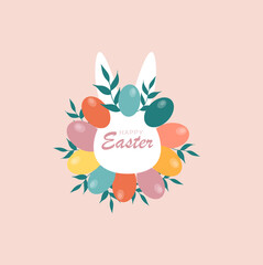 Happy Easter, decorated easter card, banner. Bunnies, Easter eggs, flowers and basket. Folk style patterned design.	
